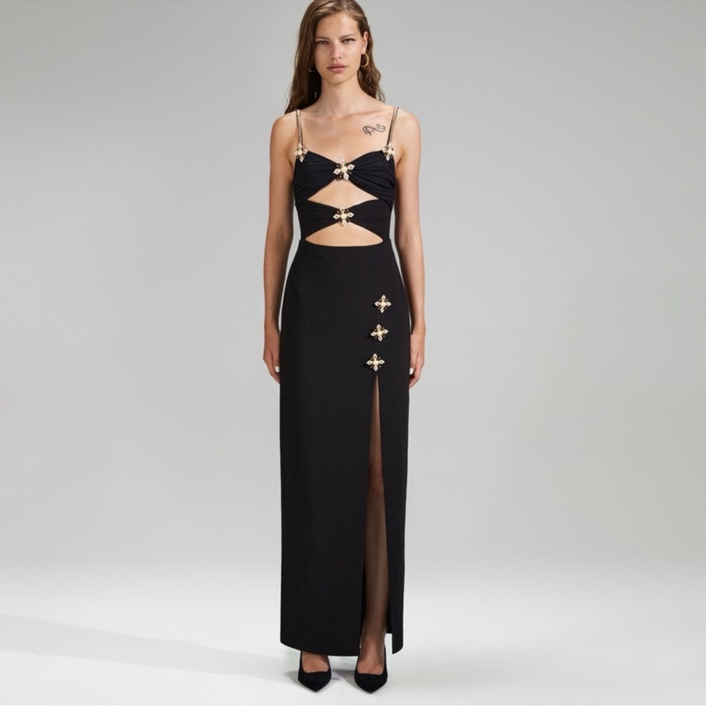 Self-Portrait Black Maxi Dress with Gold Embellished Straps